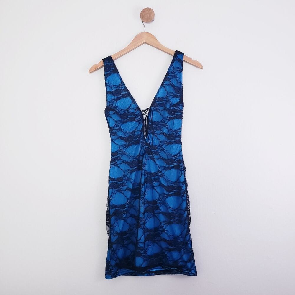 Vintage 90s Fredericks of Hollywood Blue Black Lace Corset Bodycon Mini Dress S